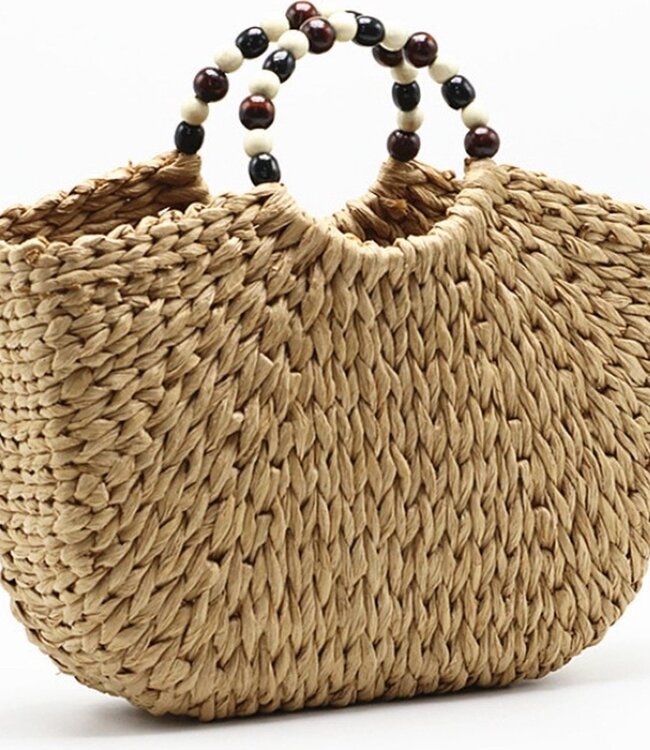 Modern Wicker Handbag with Beads - XL - PE-Florence - Beach Bag - Camel