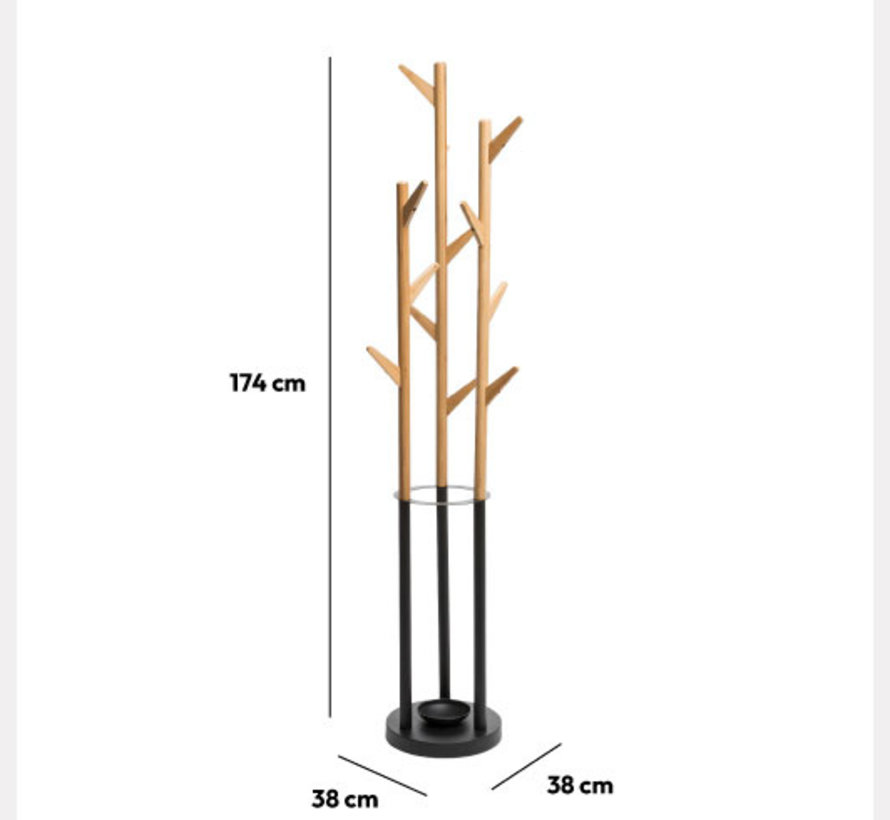 Bamboe Kapstok met 11 Haken - Zwart/Naturel look  - 38 x 38 x 174cm