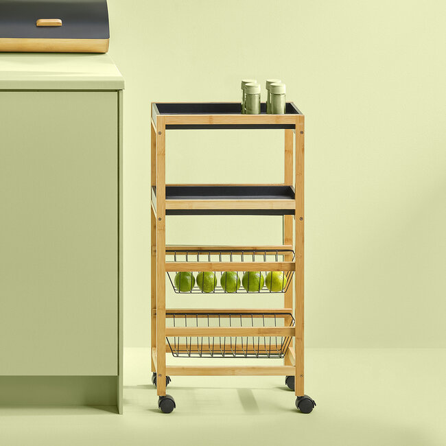 Narrow Trolley on Wheels - 3 Levels - Bamboo - Black - 5five