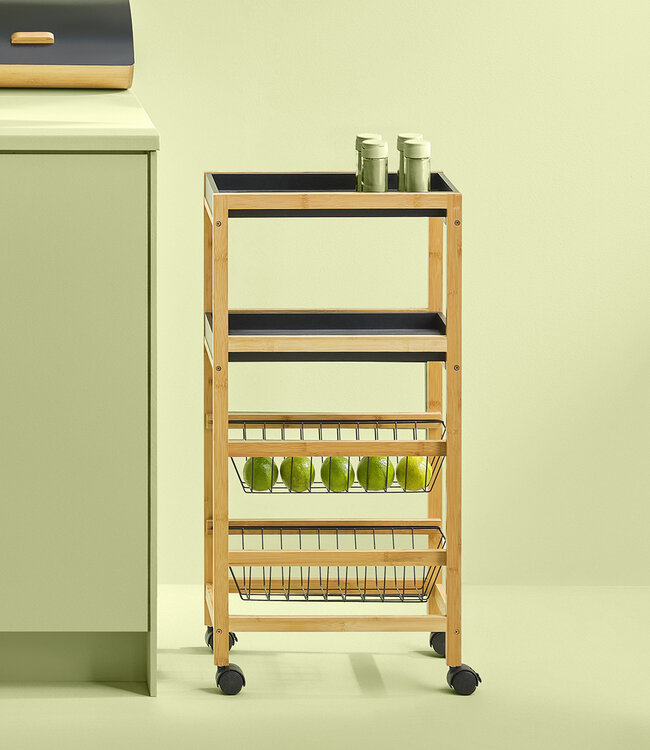 Narrow Trolley on Wheels - 3 Levels - Bamboo - Black - 5five