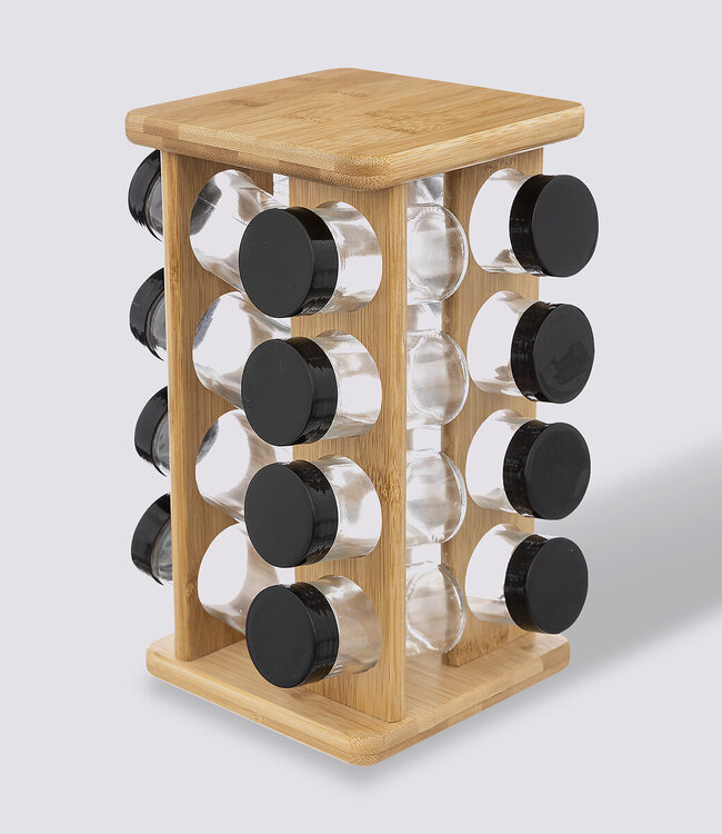 Bamboo Efficient Spice Rack with 16 Glass Jars - Turning Rack