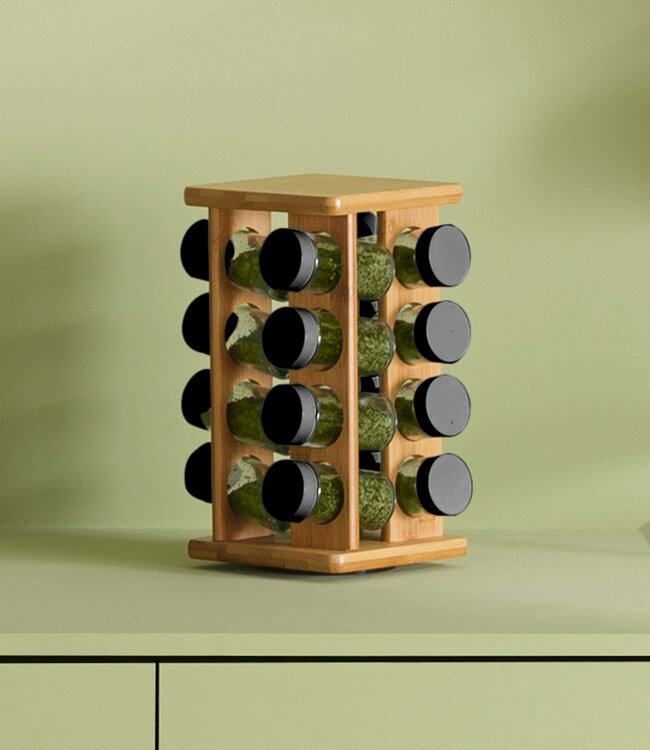 Bamboe Efficiënt Kruidenrek met 16 glazen potjes - Draairek