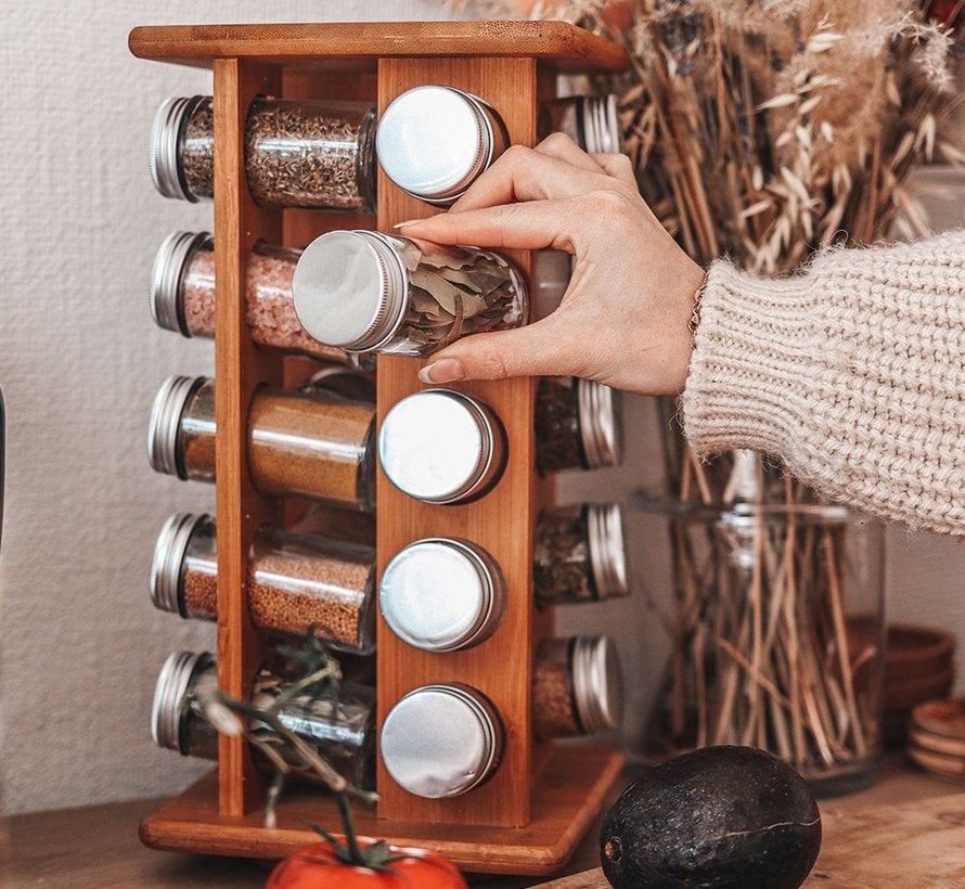 Efficient Spice Rack with 20 Glass Jars - 360 Turning Rack