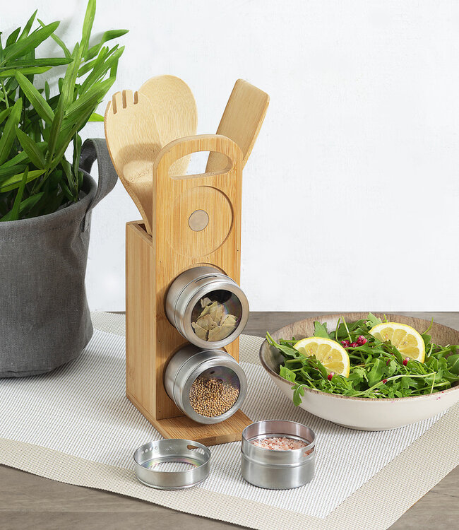 Magnetisch kruidenrek met bamboe keukengerei - 7 delig