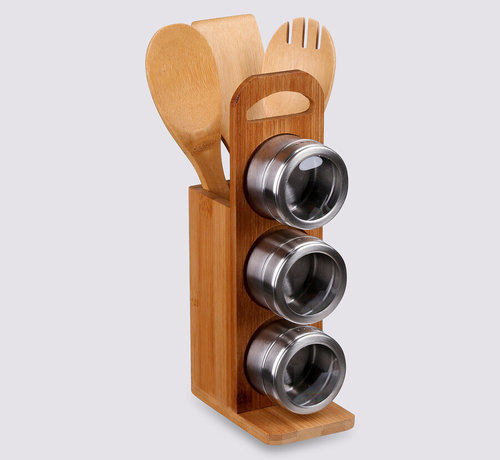 Kruidenrekken Magnetic spice rack with bamboo kitchen utensils - 7 pieces