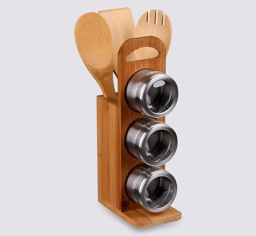 Magnetic spice rack with bamboo kitchen utensils - 7 pieces