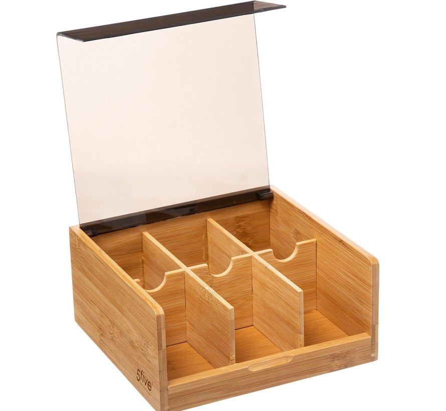 Modern Tea Box 6 Sections - Black Bamboo - 21 x 21 x 10 cm