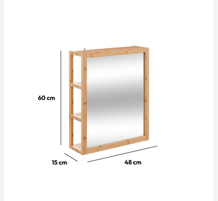 Wall mirror with storage racks - 3 compartments - bamboo