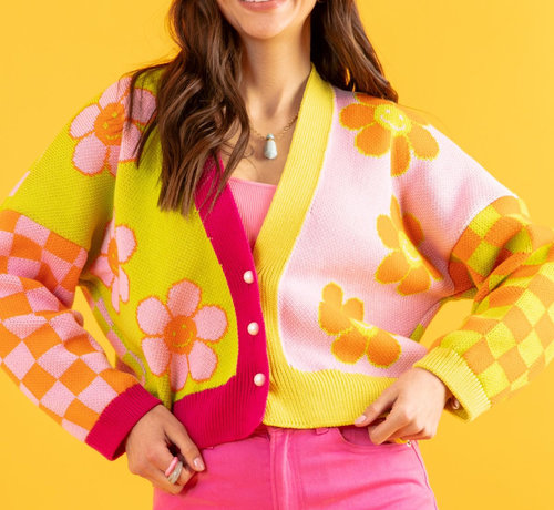 Fobya Colorful Cardigan - Loose Fit - Flowers - Pink