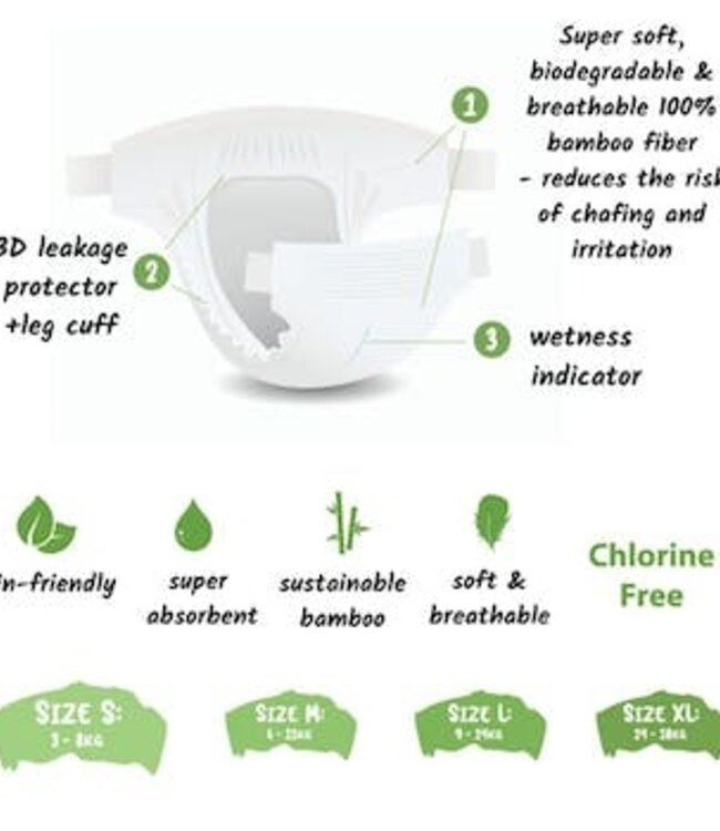 3-Pack Milieuvriendelijke Bamboe Luiers - Maat L 9-14 kg - Bamboolove