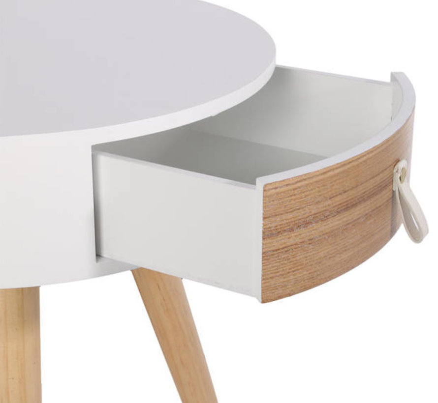 Wooden Bedside Table - With Drawer - Round - White