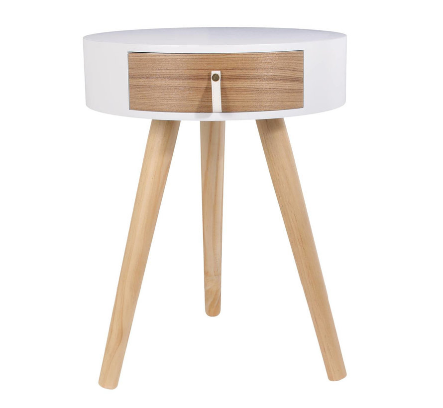 Wooden Bedside Table - With Drawer - Round - White