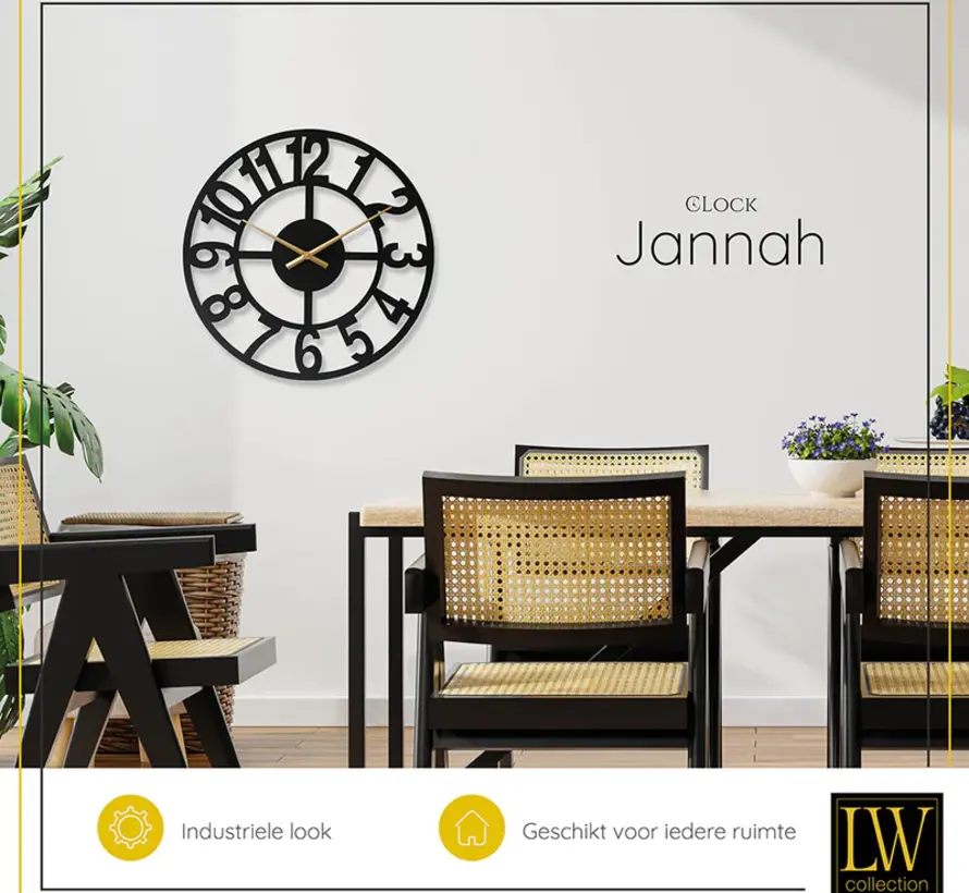 Zwarte Wandklok Jannah - Gouden Wijzers - Stil Uurwerk