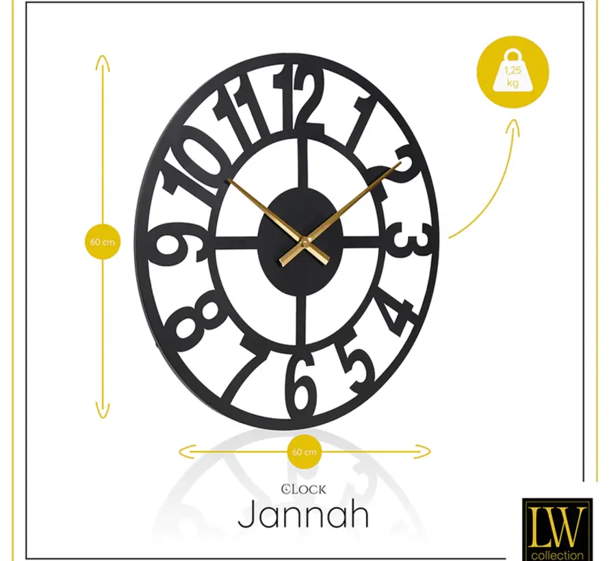Black Wall Clock Jannah - Gold Hands - Silent Movement