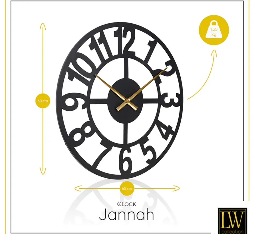 Zwarte Wandklok Jannah - Gouden Wijzers - Stil Uurwerk