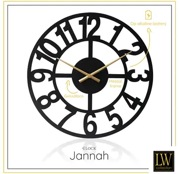 LW Collection Black Wall Clock Jannah - Gold Hands - Silent Movement