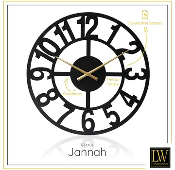 LW Collection Horloge Murale Noire Jannah - Aiguilles Dorées - Mouvement Silencieux