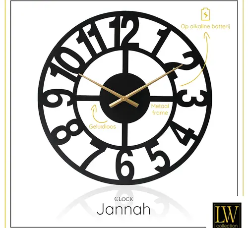 LW Collection Horloge Murale Noire Jannah - Aiguilles Dorées - Mouvement Silencieux
