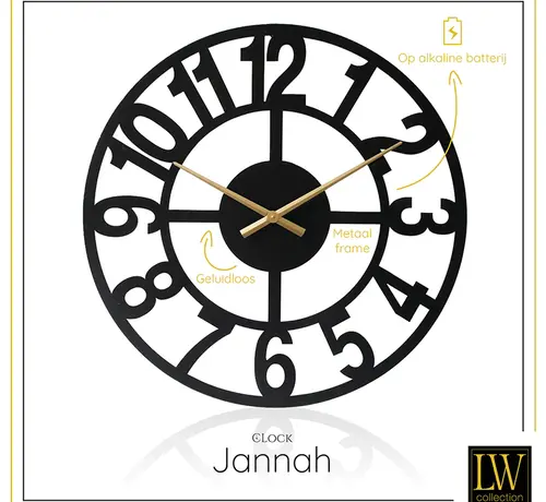 LW Collection Zwarte Wandklok Jannah - Gouden Wijzers - Stil Uurwerk