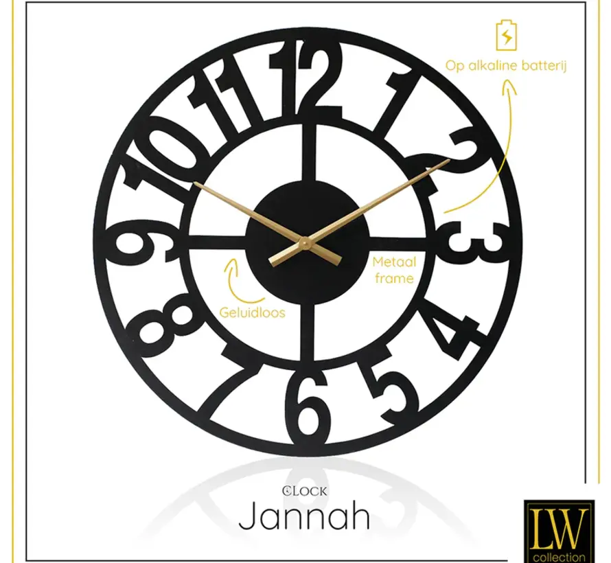 Black Wall Clock Jannah - Gold Hands - Silent Movement