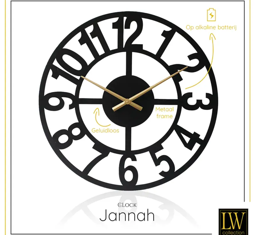 Horloge Murale Noire Jannah - Aiguilles Dorées - Mouvement Silencieux