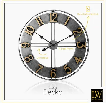 LW Collection Grijze Wandklok Becka - Gouden Cijfers - Stil Uurwerk