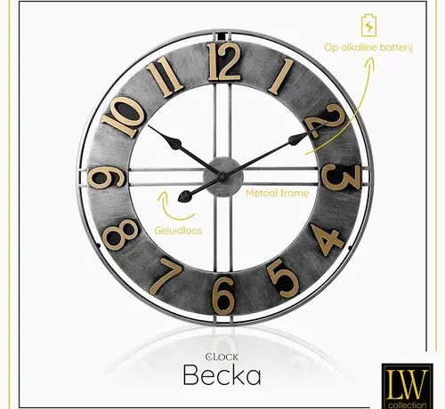 LW Collection Horloge Murale Grise Becka - Chiffres Doré - Mouvement Silencieux