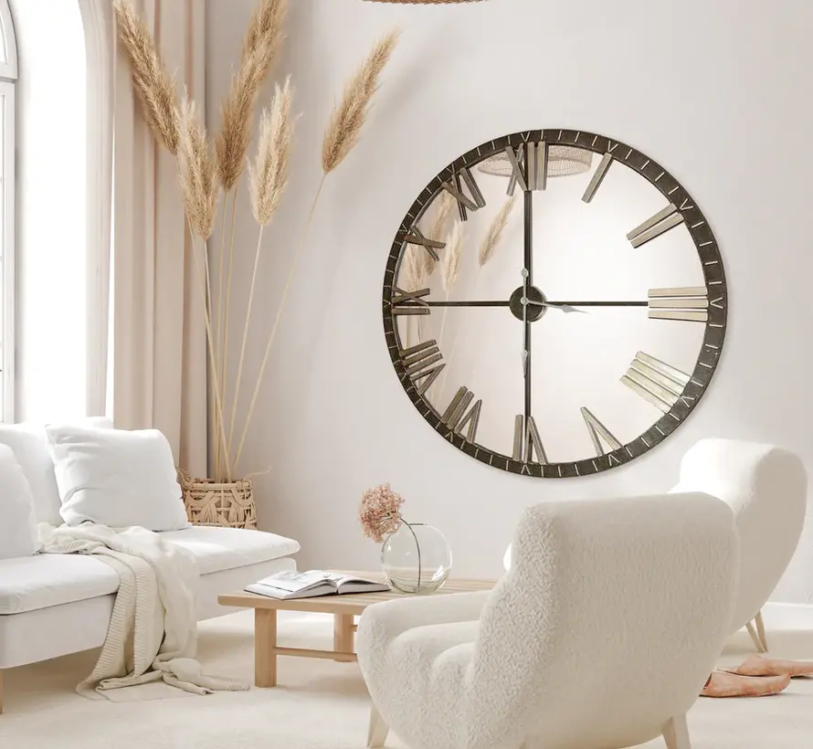 Horloge murale Elias - Miroir - 80cm - Noir/Gris