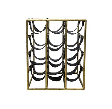 HSM Collection Wijnrek 12 flessen - 33x32x40 - Antiek goud/Zwart - Metaal/Faux leder