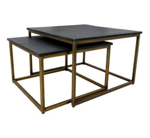 HSM Collection Vierkante salontafel Finnley - 70x70 cm - black wash/antique gold - set van 2