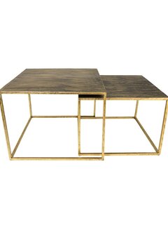 HSM Collection Vierkante Salontafel - 55x55x42/50x50x37 - Antiek goud - Metaal - Set van 2