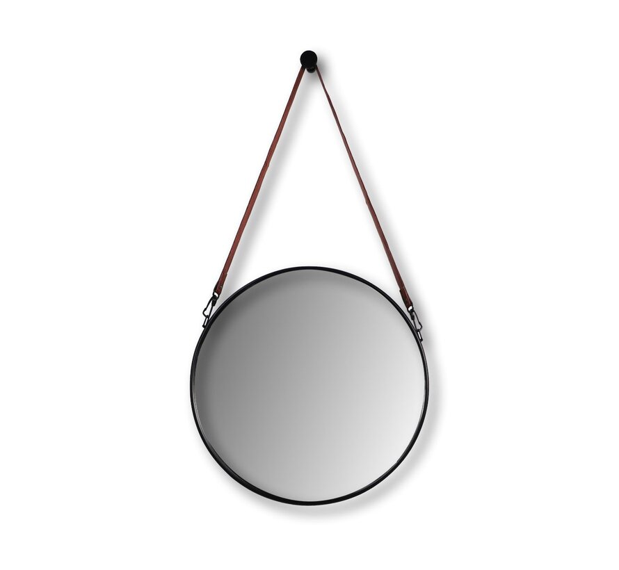 Round Wall Mirror with Strap - ø45cm - Black/Brown