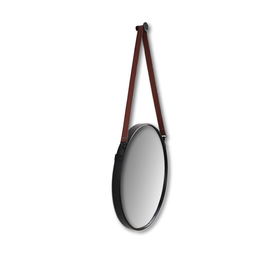 Round Wall Mirror with Strap - ø45cm - Black/Brown