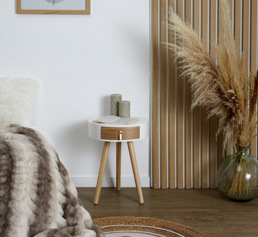 Table de Chevet en Bois - Avec Tiroir - Ronde - Blanc