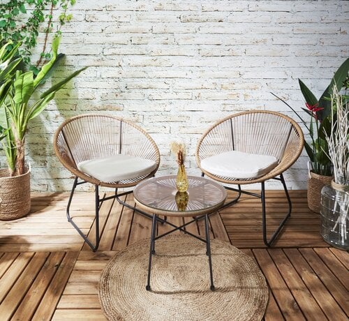 Home Deco Set van 2 Tuinstoelen - Met Tafeltje - Wit/Naturel/Zwart