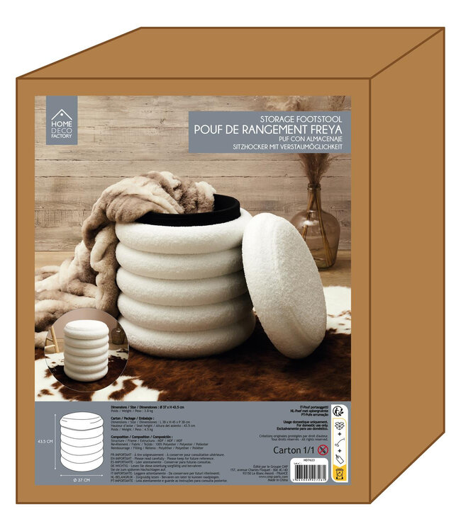 Opberg Poef  - Freya - Wit - D 37 x H 43,5 cm