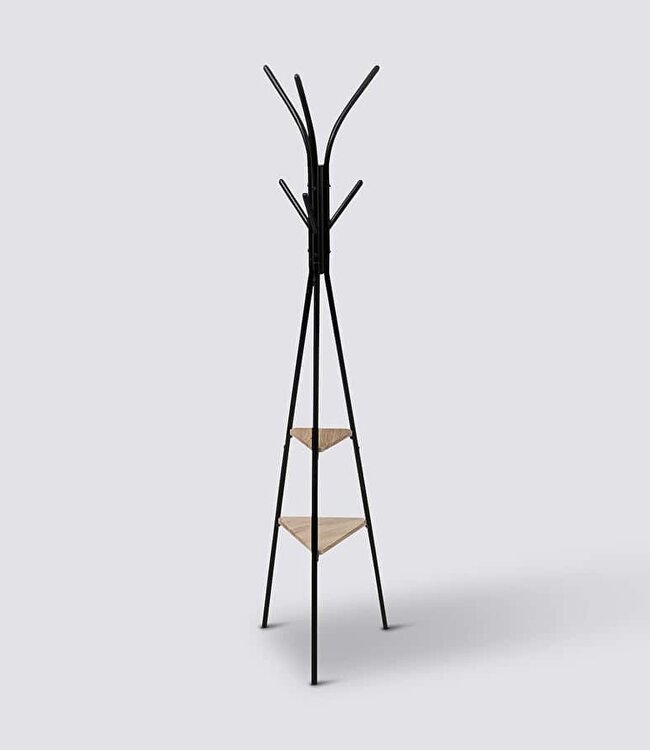 Coat Rack with 6 Hooks and 2 Shelves - Black