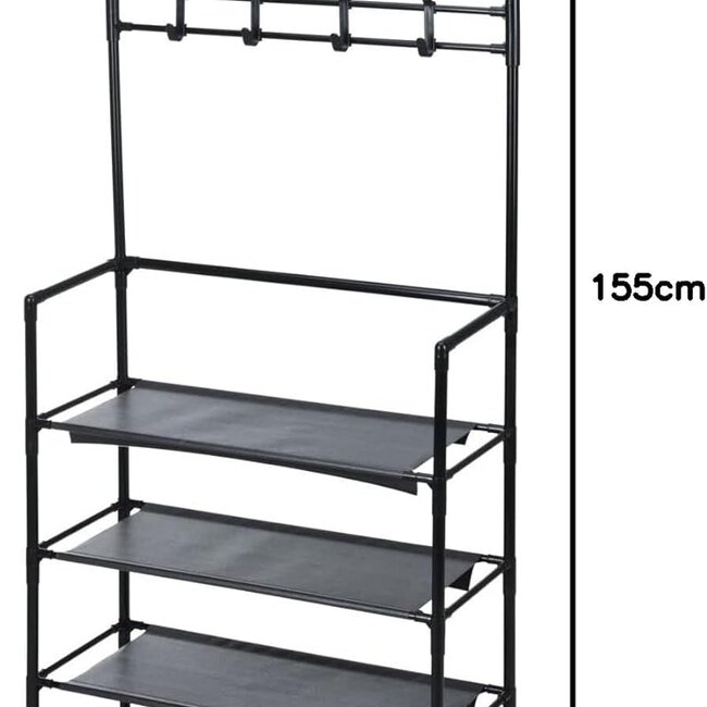 Clothes rack with shoe shelves and coat hooks