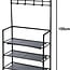 Clothes rack with shoe shelves and coat hooks