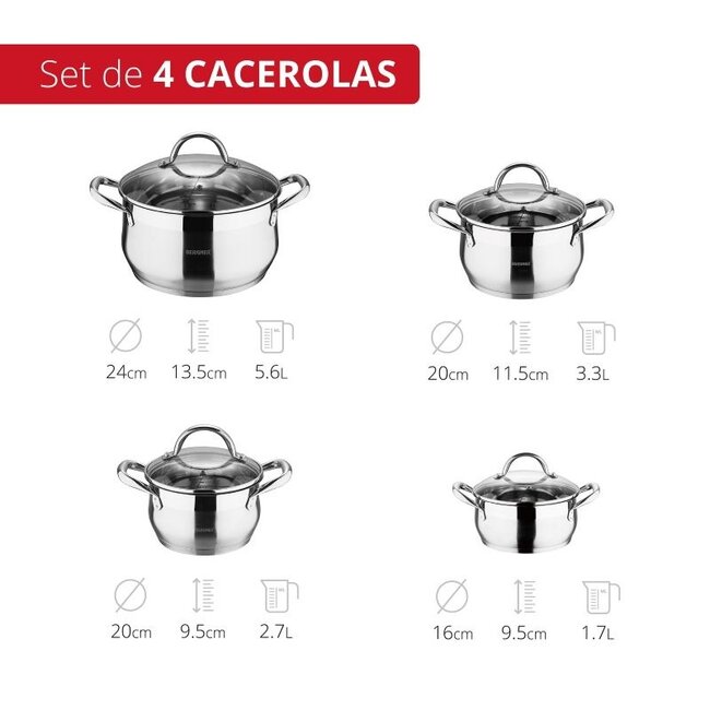 Bergner Gourmet Edelstahl-Topfset - 4 Kochtöpfe mit Deckeln - Induktionsgeeignet
