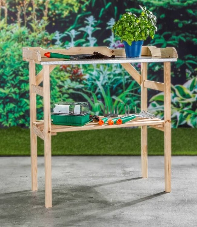 Wooden Potting Table –  With Zinc Top and Bottom Shelf