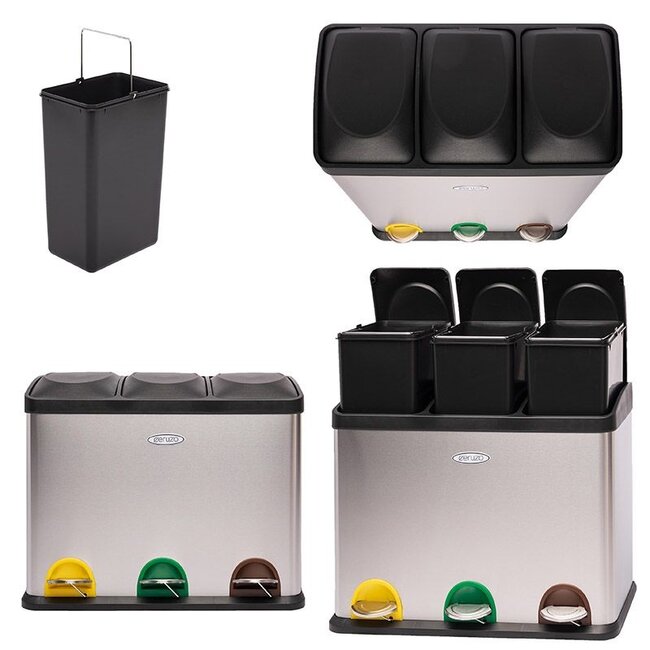 Recycling Waste Bin with 3 Compartments – 3x15L – Stainless Steel