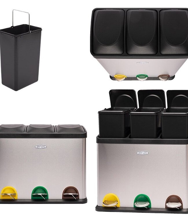 Recycling Waste Bin with 3 Compartments – 3x15L – Stainless Steel