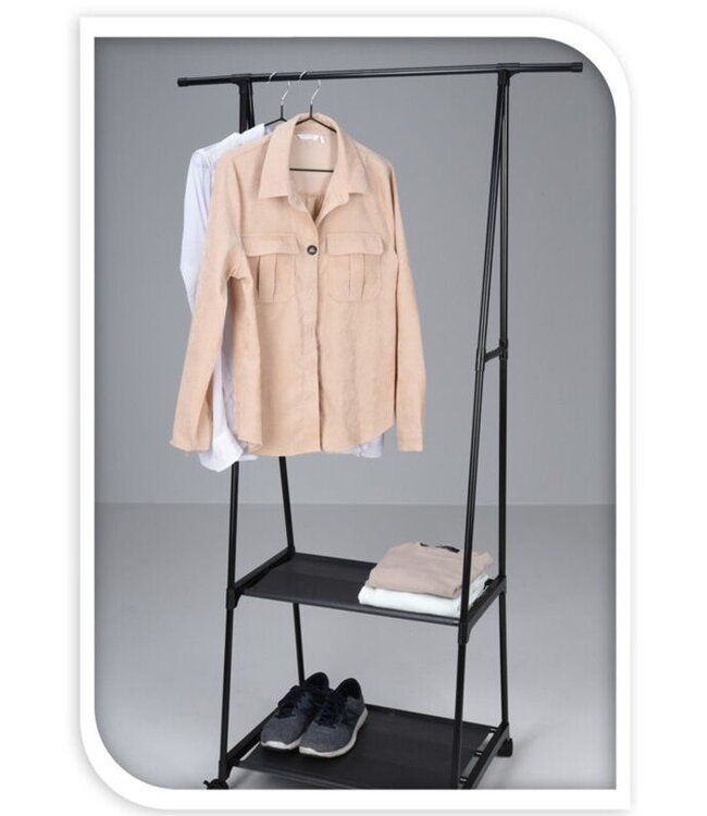 Clothing Rack with 2 Shelves – Adjustable – Black – Includes Wheels and Shelf Mats