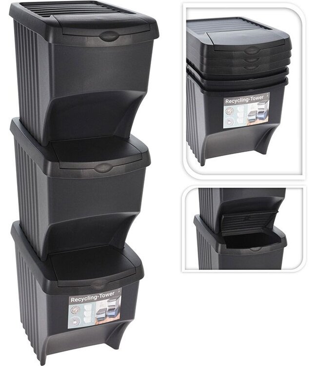 Stackable Waste Sorting Bins – Plastic – Set of 3 x 22 Liters