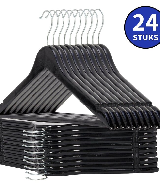 24x Wooden Clothes Hangers – Black – With Trouser Bar & Notches