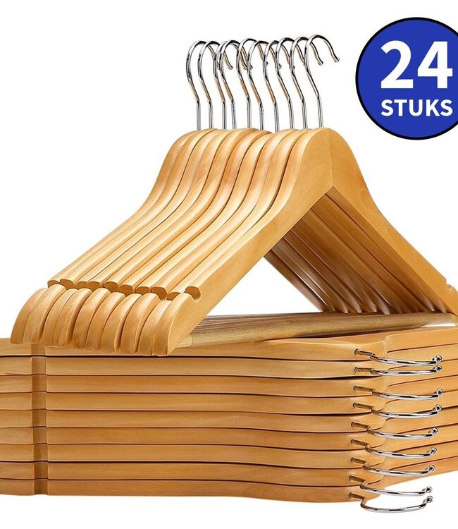 24x Wooden Clothes Hangers – Natural – With Trouser Bar & Notches