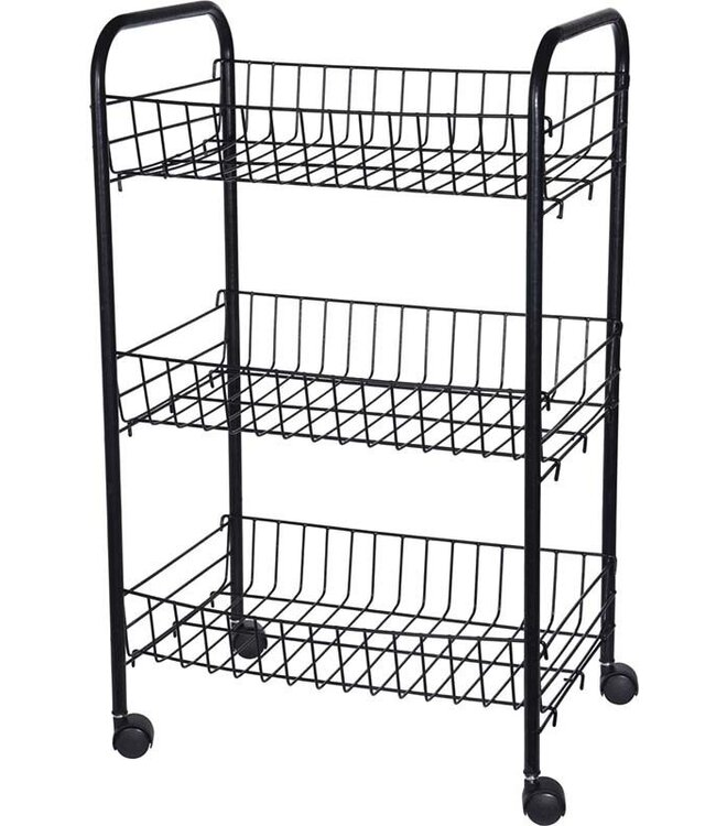 Kitchen Trolley – 3 Wire Baskets – on Wheels – Black