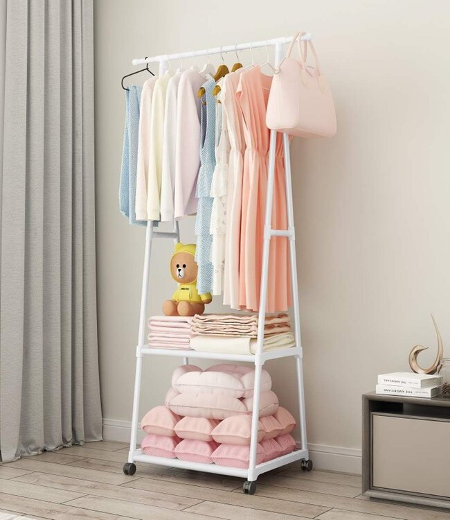 Clothes Rack with Shelves – Rolling – White