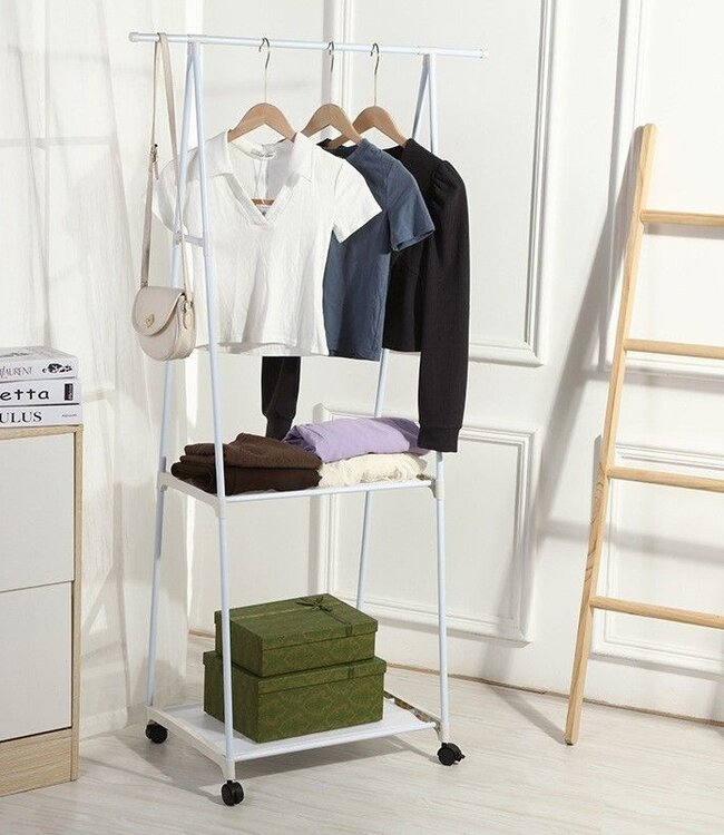 Clothes Rack with Shelves – Rolling – White